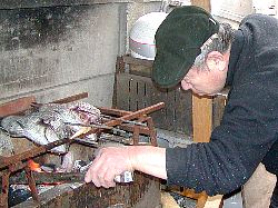 炭火で鯛を焼く